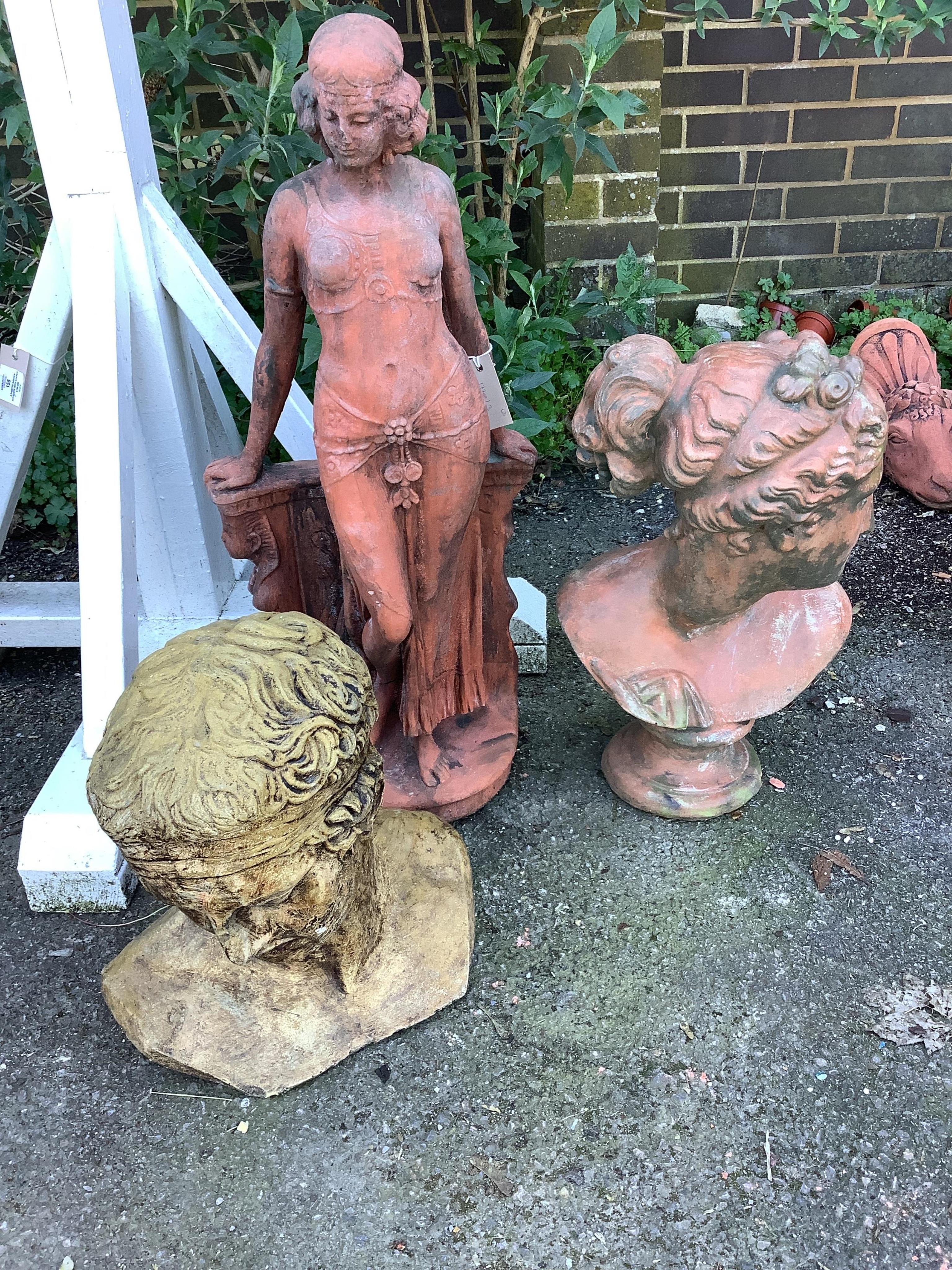 Three cast garden ornaments, largest height 76cm. Condition - fair to good